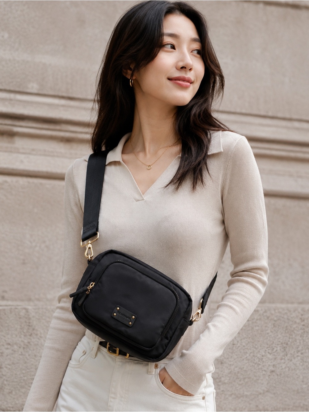 BearPaw Black Crossbody Bag with Gold Accents